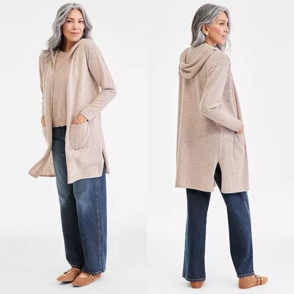 Charter Club Cashmere Open Front Hoodie Oatmeal Size XL Quiet Luxury Minimalist - Picture 1 of 10